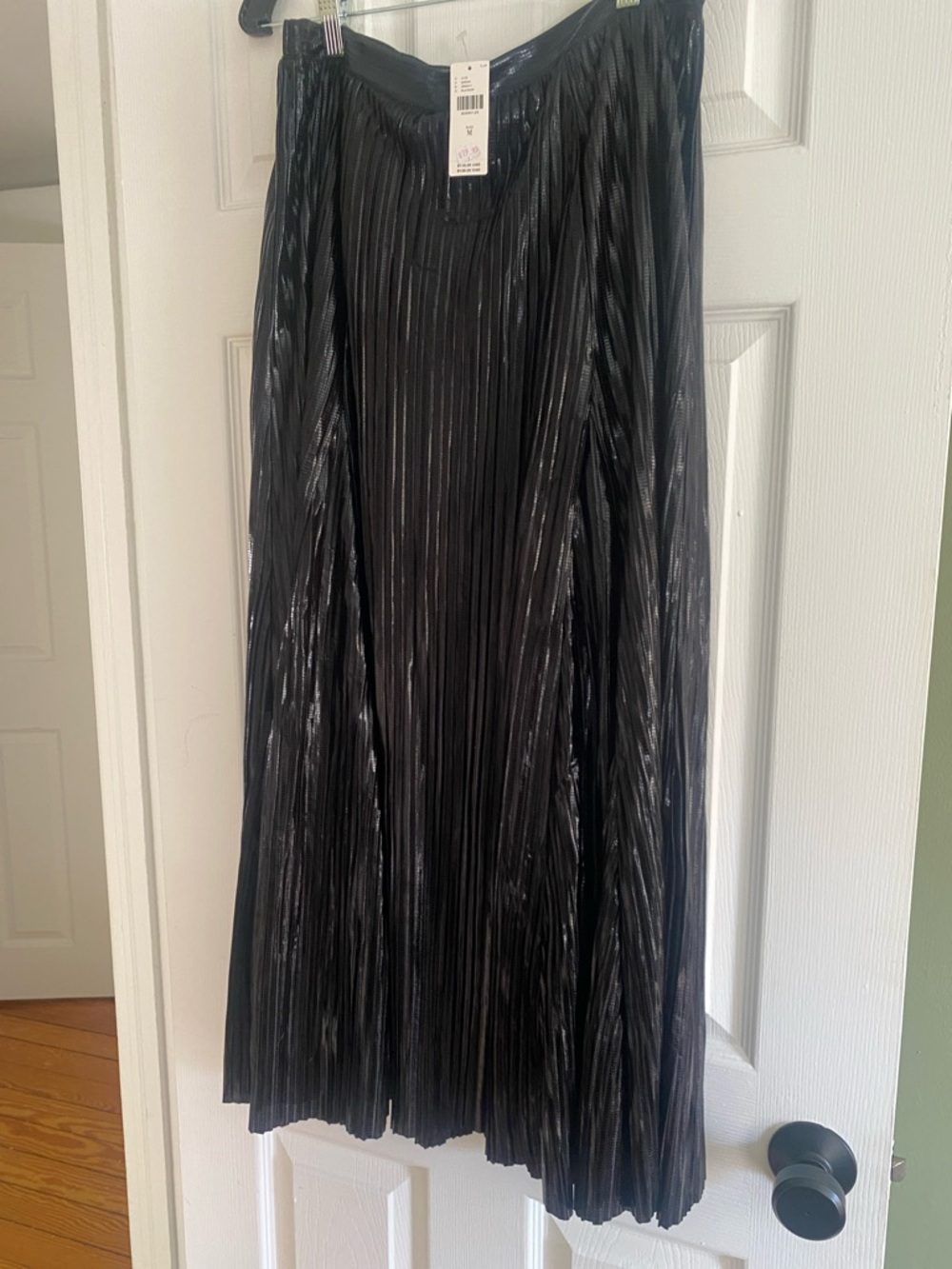 Anthropologie Black Metallic Pleated Midi Skirt